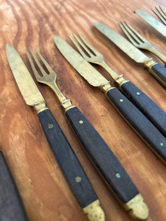 Vintage Brass and Teak Fork & Knife Sets