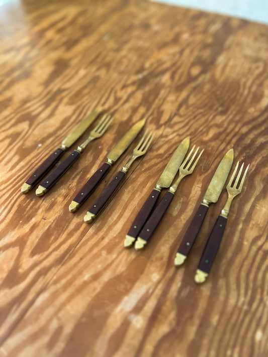 Vintage Brass and Rosewood Fork & Knife sets