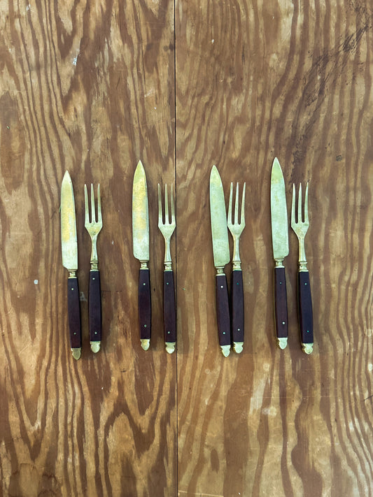Vintage Brass and Rosewood Fork & Knife sets