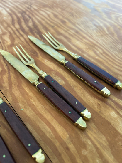 Vintage Brass and Rosewood Fork & Knife sets