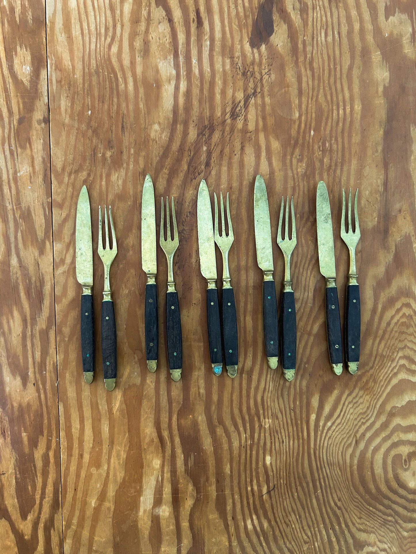 Vintage Brass and Teak Fork & Knife Sets