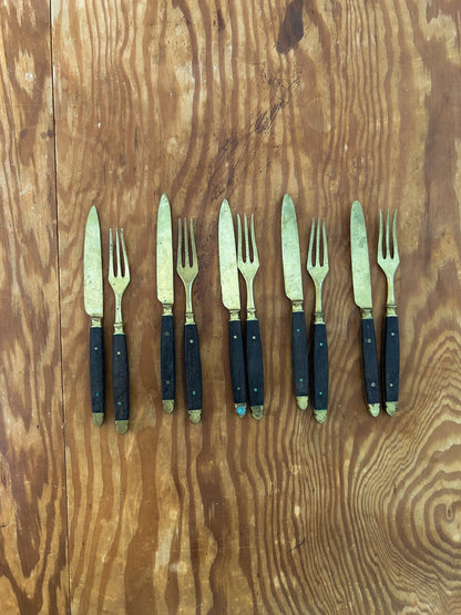 Vintage Brass and Teak Fork & Knife Sets