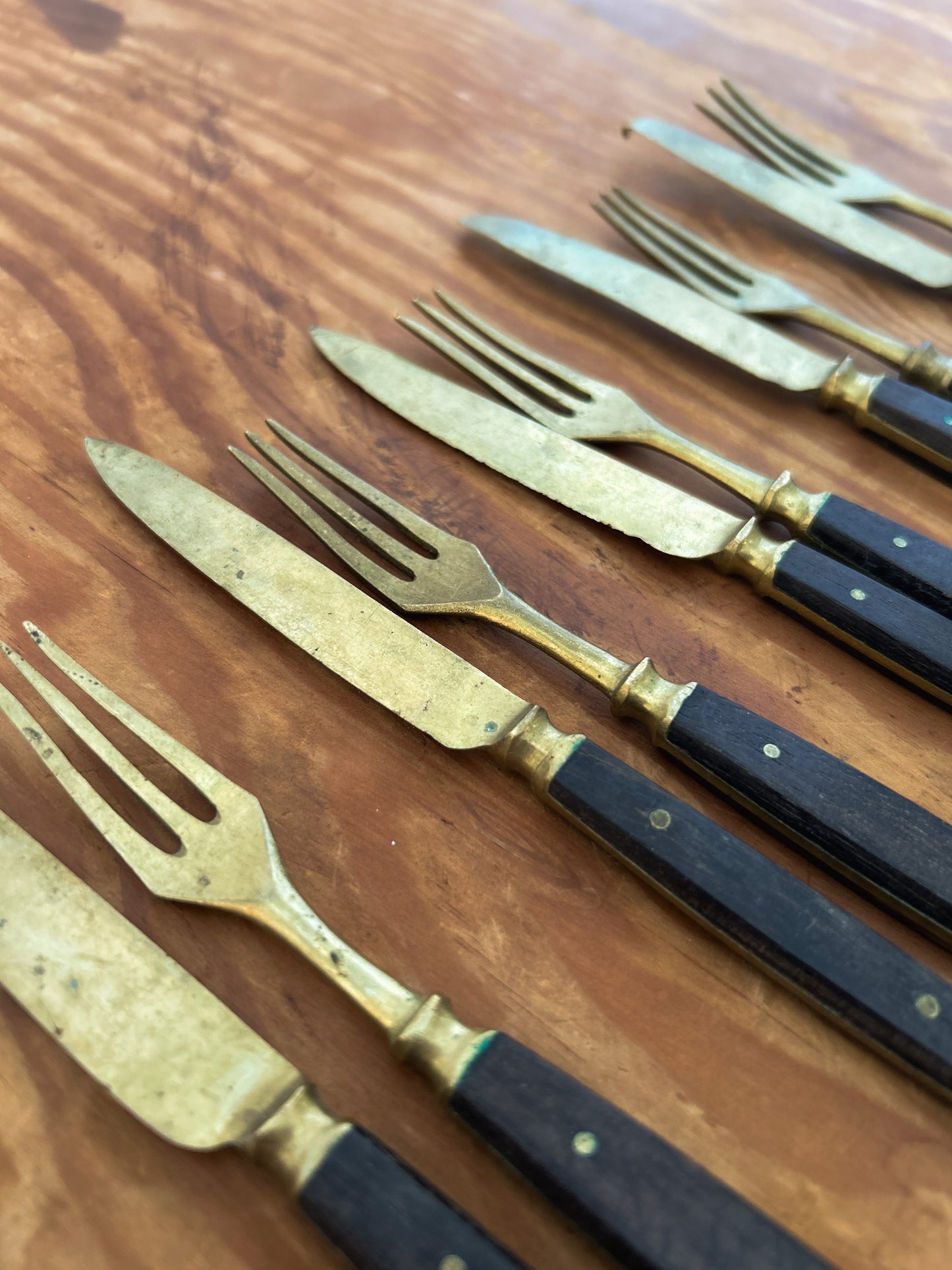 Vintage Brass and Teak Fork & Knife Sets