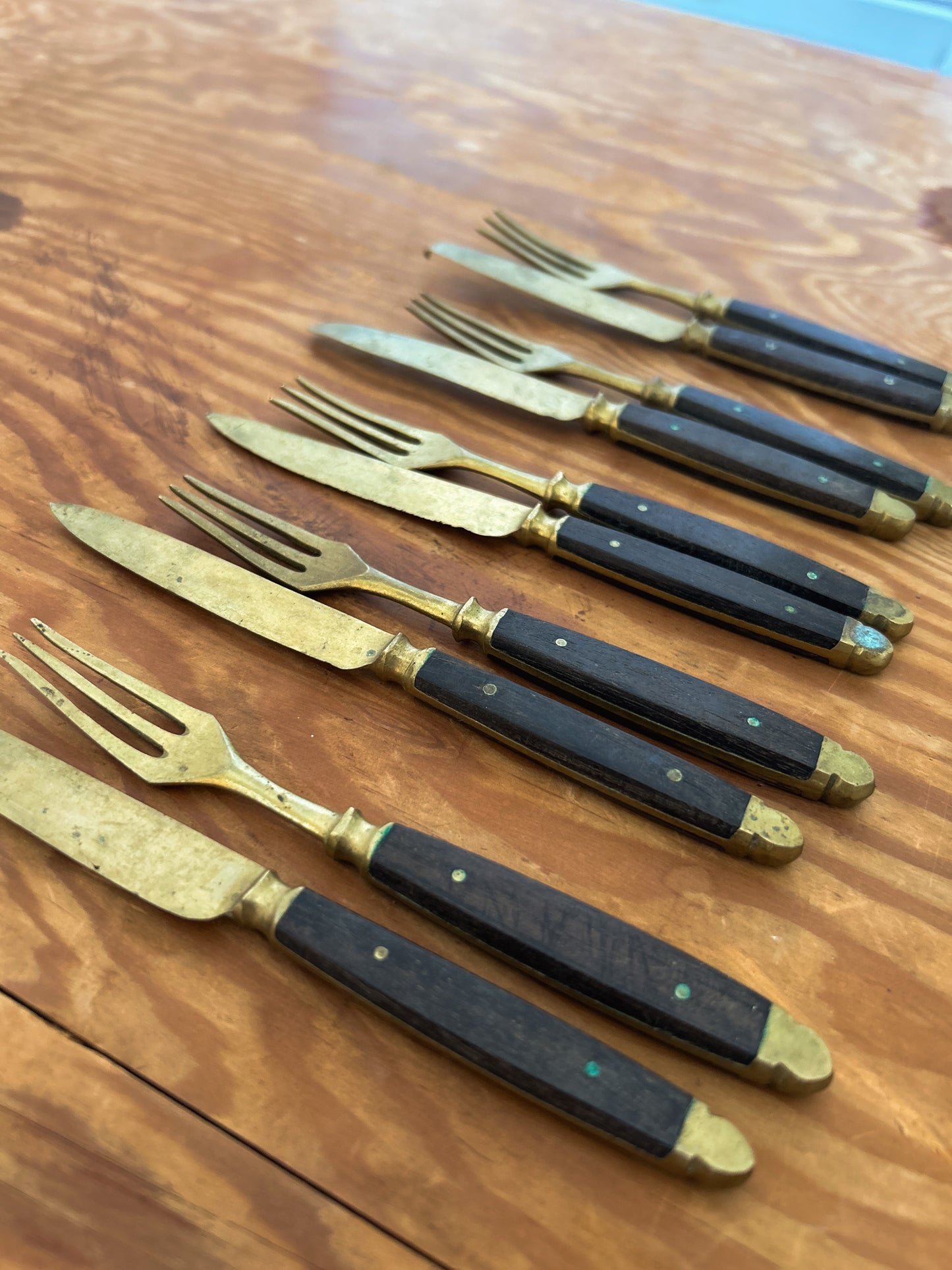 Vintage Brass and Teak Fork & Knife Sets
