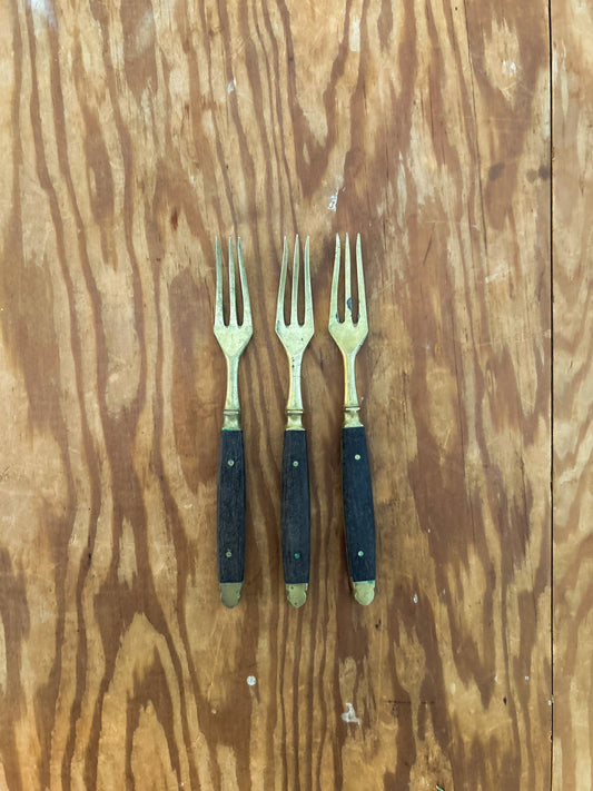 Mid 19th Century teak and brass oyster forks