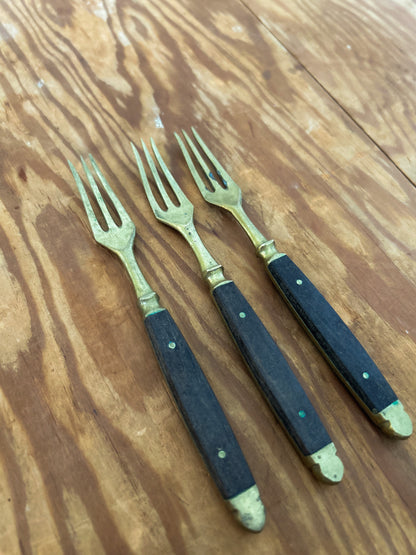 Mid 19th Century teak and brass oyster forks