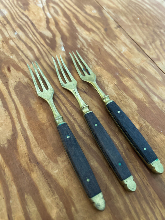 Mid 19th Century teak and brass oyster forks