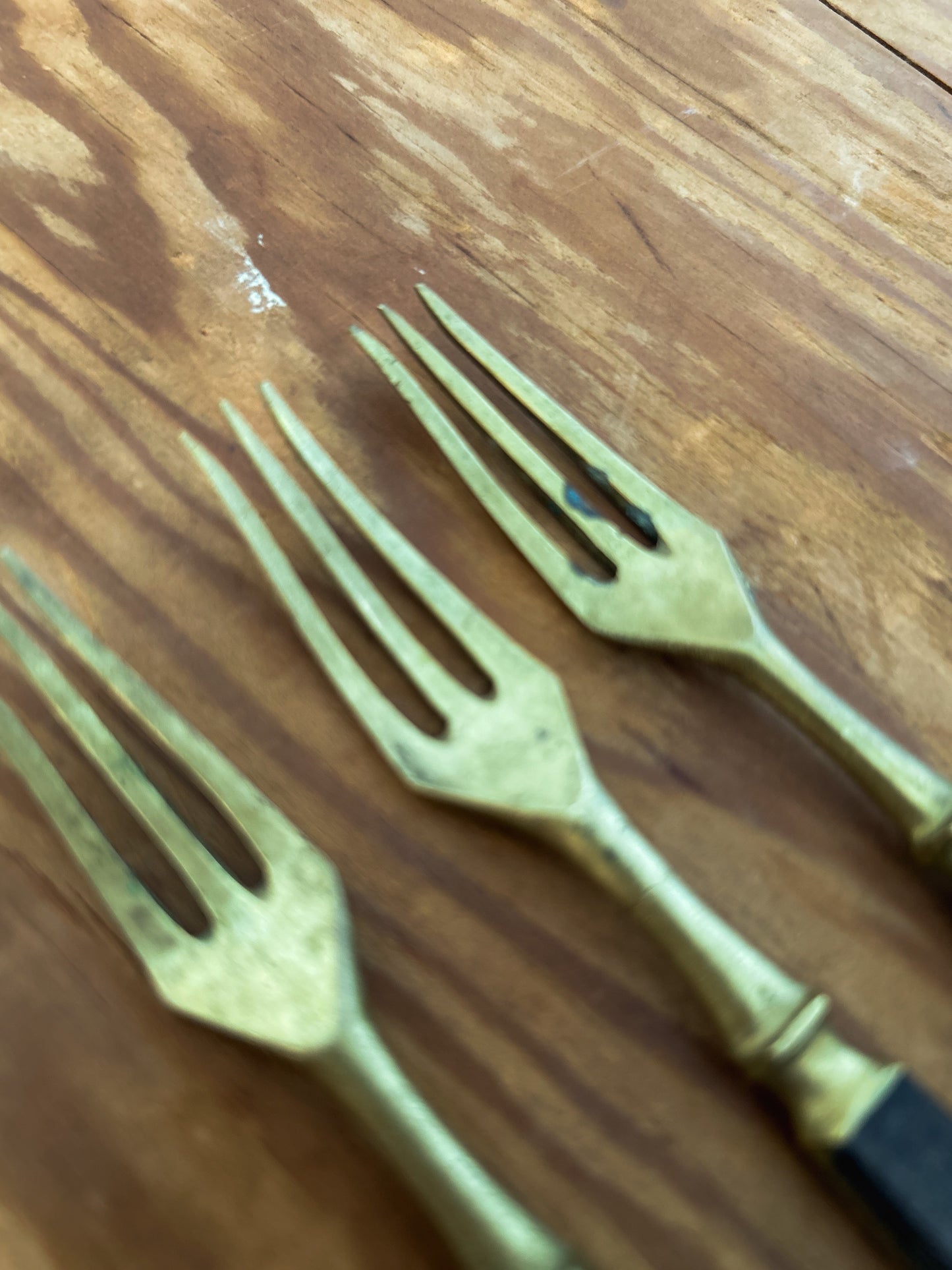 Mid 19th Century teak and brass oyster forks