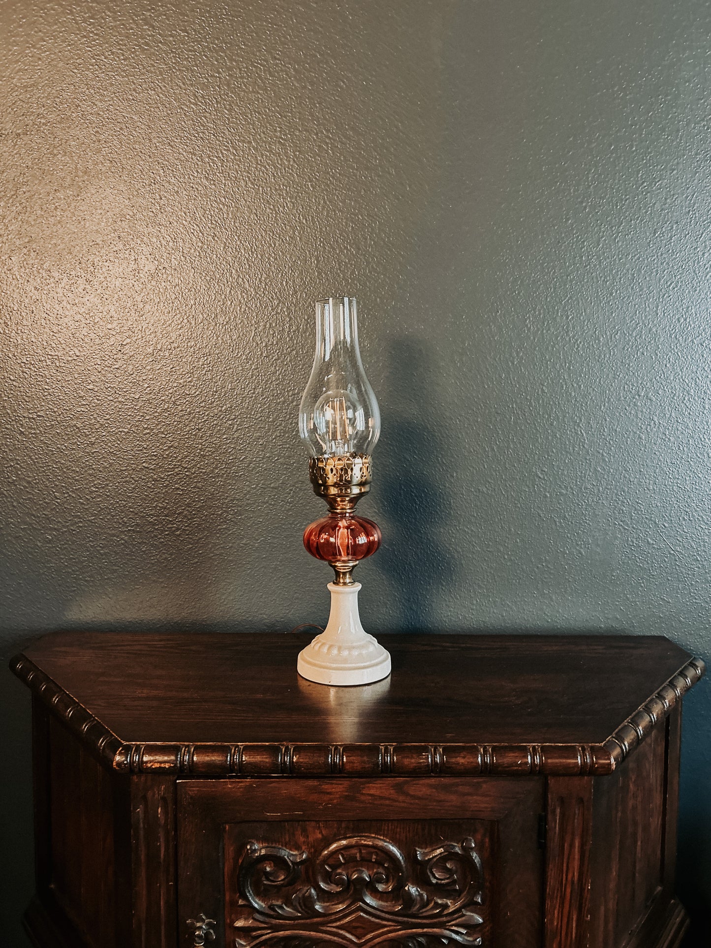 Antique Cranberry and Milk Glass Lamp
